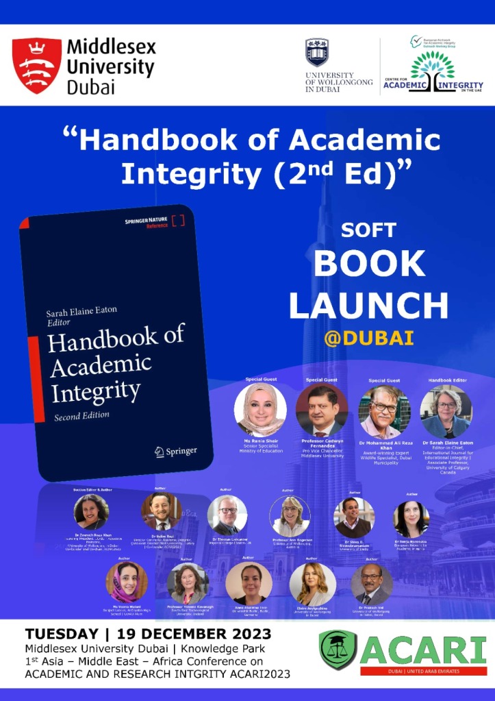 A poster with a blue background. There is a white banner at the top with university logos. The poster contains an image of a book cover and faces of individuals associated with the book.